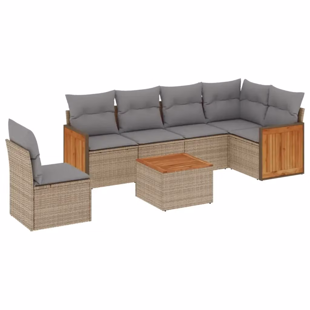 vidaXL Set Divani da Giardino 7 pz a Forma a L in Polyrattan con Cuscini Beige e Tavolino da Esterno – 2