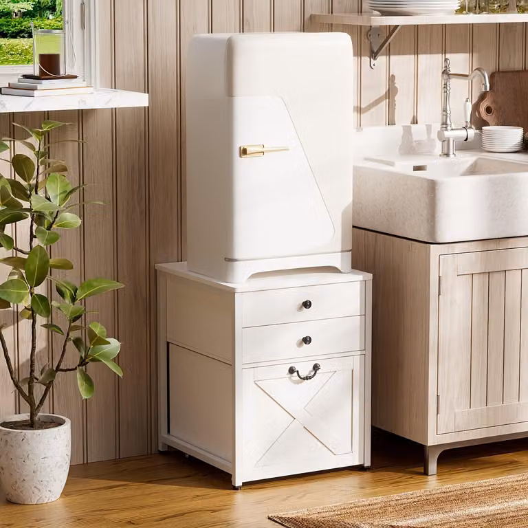 Supporto per microonde da cucina con 3 ripiani, 2 cassetti e base con ruote, in stile rustico