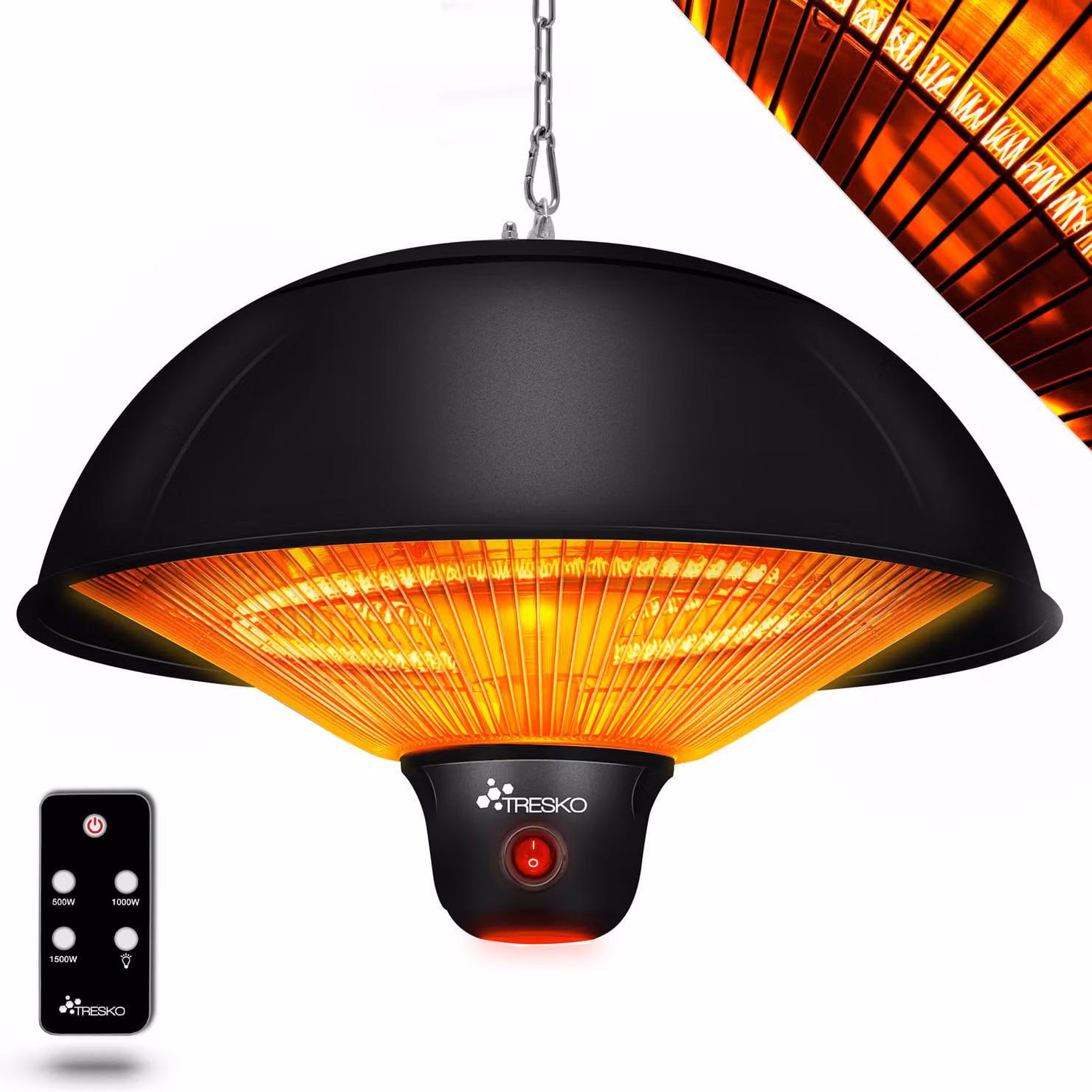 TRESKO Riscaldatore radiante a soffitto a infrarossi Riscaldatore radiante nero 1500W con telecomando e illuminazione a LED | Riscaldatore radiante elettrico con 3 livelli di riscaldamento | Riscaldatore da patio per interni ed esterni | Riscaldatore radi