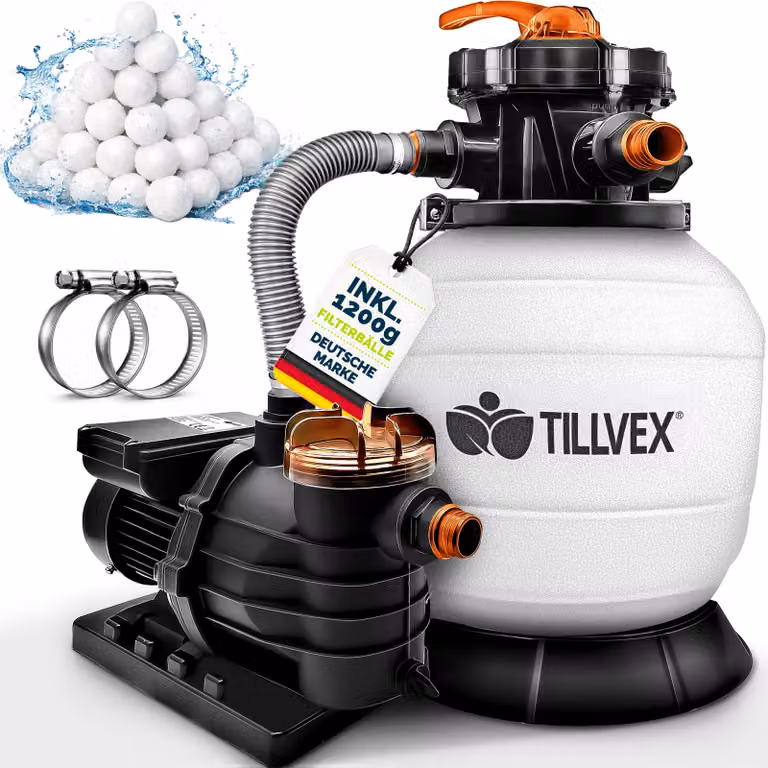 tillvex® Sistema di filtraggio a sabbia per piscina bianco/arancio 13.200L/h fino a 40.000L + sfere filtranti da 1200g | sistema di filtraggio valvola a 7 vie & adattatore 2in1 Ø32-38mm | filtro per piscina autoadescante | filtro a sabbia per piscina