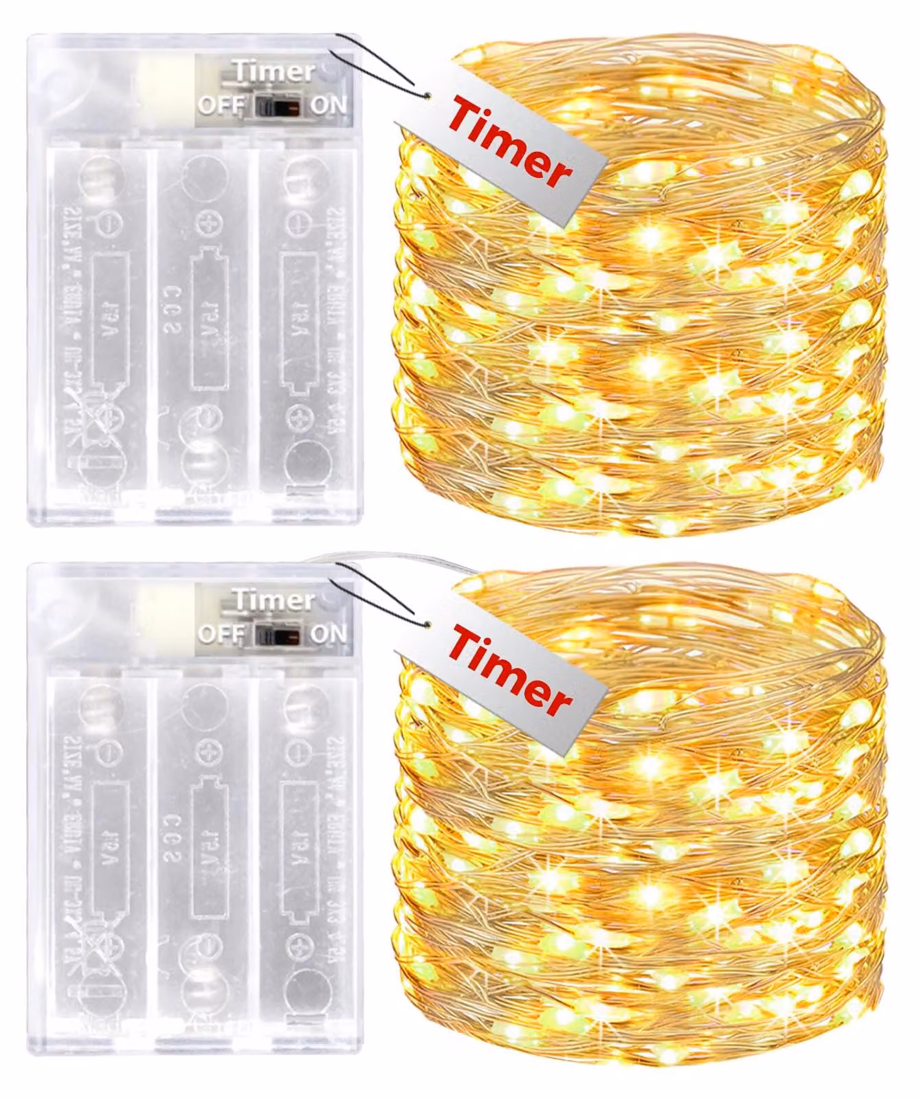 Set di 2 catene luminose, lunghezza 10 metri, 100 LED, luce bianco caldo, grado di protezione IP65, con timer