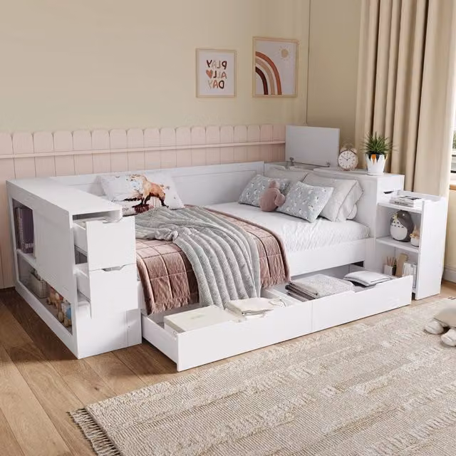 Letto divano 140 × 200 cm 2 posti con cassetto, armadi, mensole e comodini, senza materasso, in MDF bianco