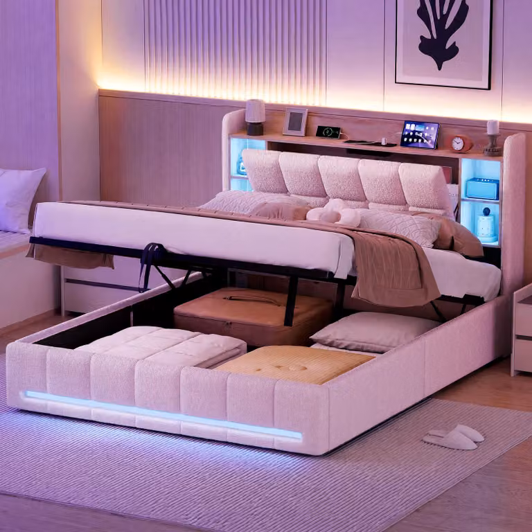 Letto imbottito REMZETTA, 160 x 200 cm, tessuto bouclé color crema, con contenitore, rete a molle idraulica, illuminazione LED, scaffale nella testata, 2 prese di corrente, porte USB-A e USB-C, e spazio contenitivo