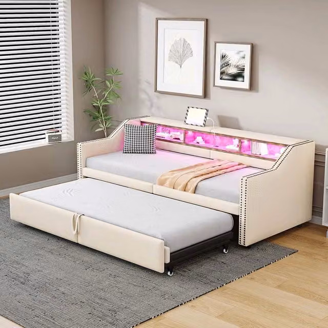 Divano letto - Xylo - 90x200 cm LED USB contenitore beige