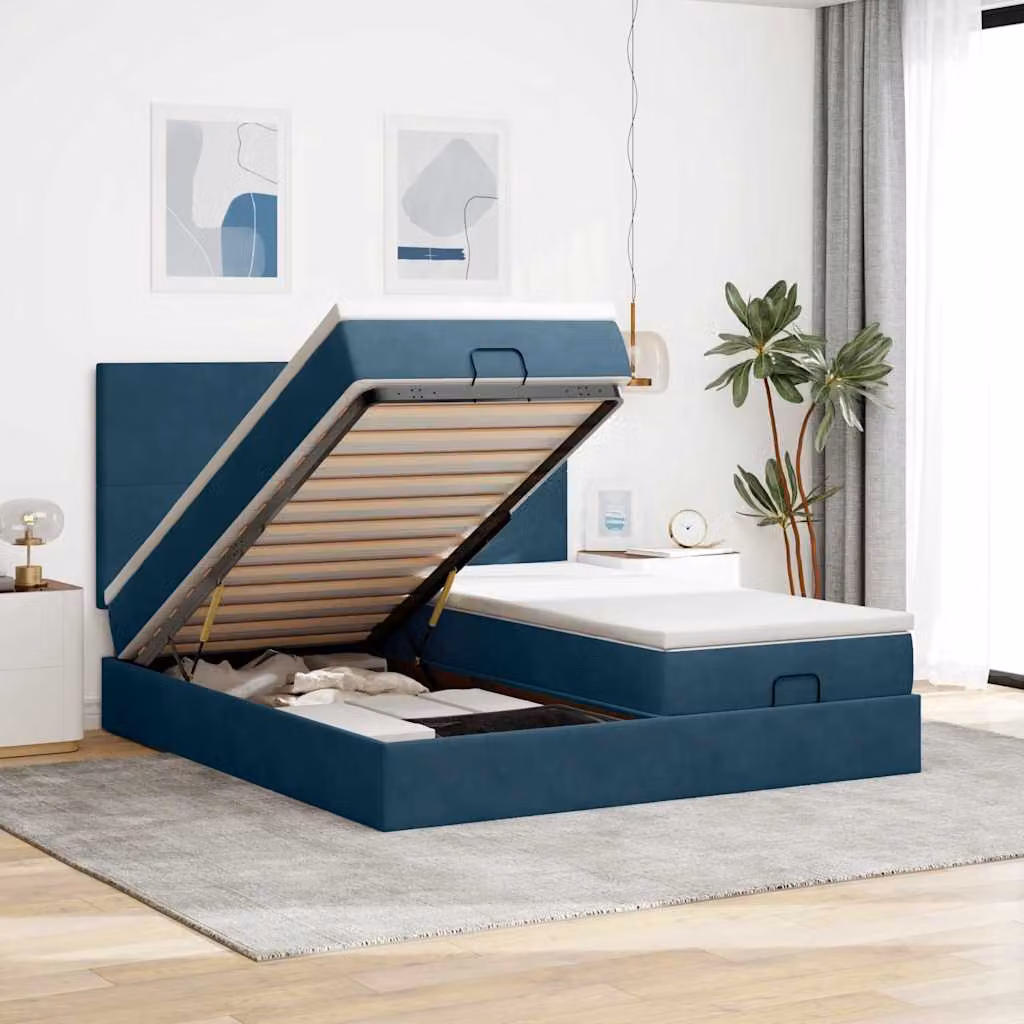 Letto con contenitore a sollevamento vidaXL in velluto blu e bianco con porta USB e illuminazione sottostante L/P/H: 203 x 160 x 128 cm