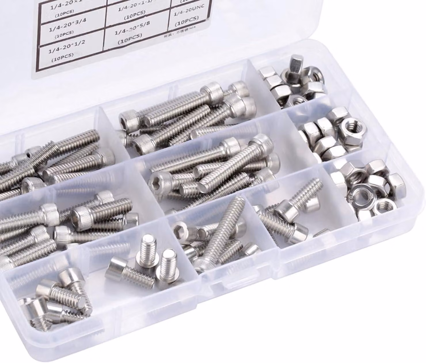 Set di viti per macchinari in acciaio inossidabile, composto da 90 pezzi, filettatura 1/4-20, completo di dadi, ideale per l'officina