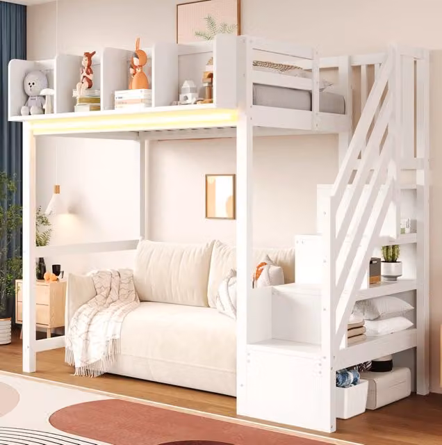 Letto a soppalco 90x200 cm bianco con LED, scala contenitore e ripiani