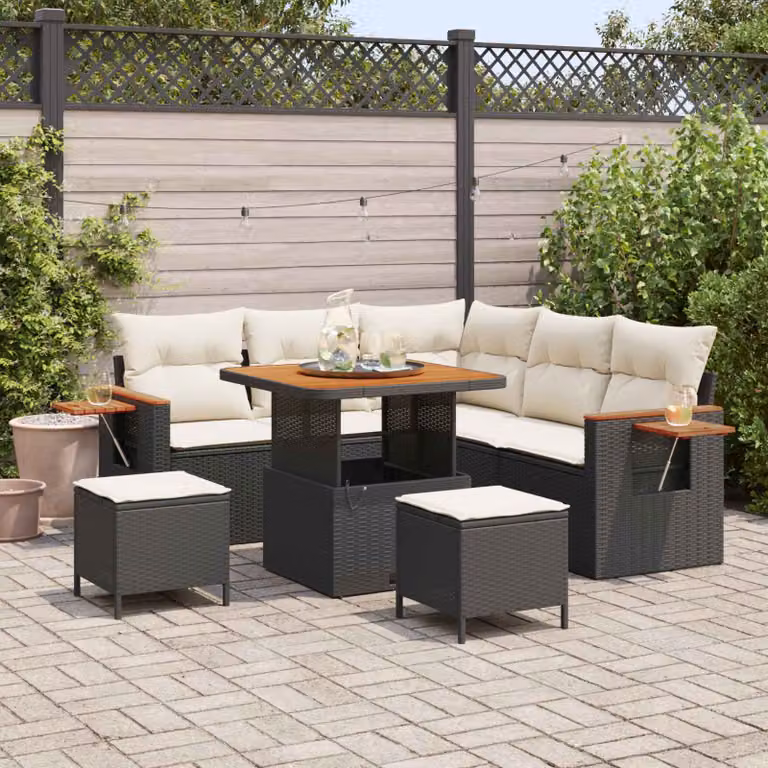 Set Divano da Giardino Moderno vidaXL in Polyrattan Nero e Beige con 8 Pezzi e Cuscini Inclusi