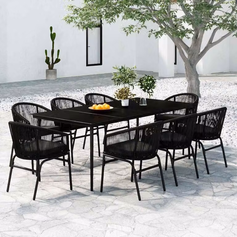 Set da Pranzo da Giardino vidaXL in Acciaio Verniciato Nero e Vetro, 9 Pezzi