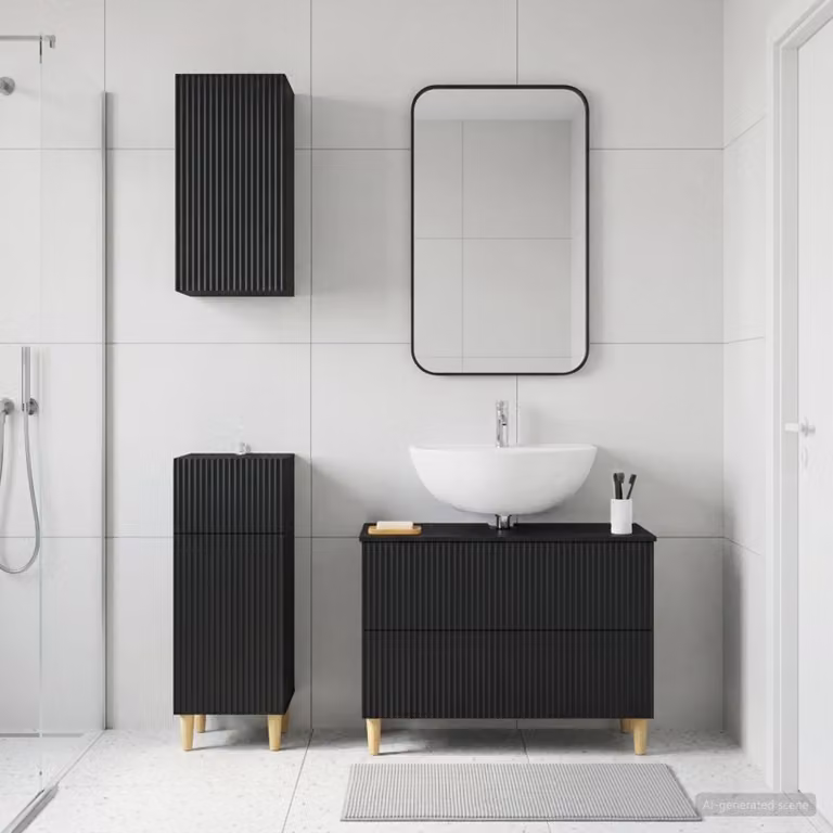 Set di armadietti da bagno ARNHEM vidaXL in 3 pezzi, nero opaco, con mobile lavabo, pensile e mobile laterale