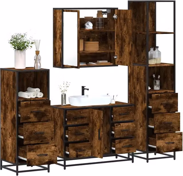 Set Mobili da Bagno 4 pz Rovere Fumo in Legno Multistrato 3301282