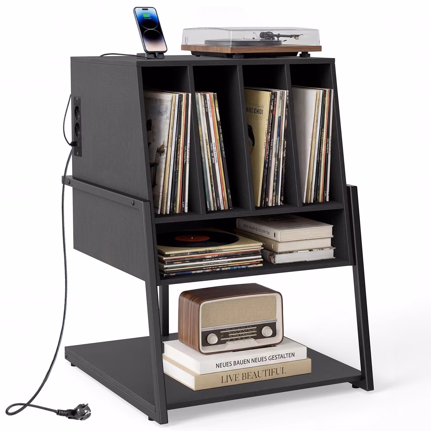 Mobile porta giradischi Costway con 4 scomparti e prese di corrente, design moderno nero opaco