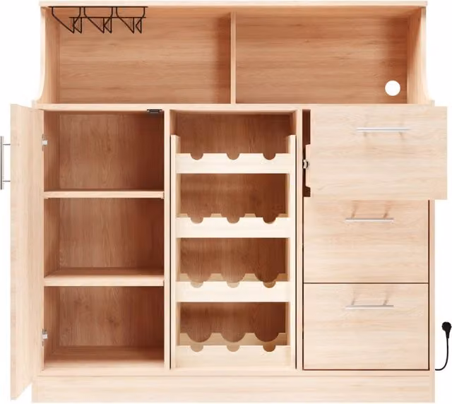 Credenza multiuso per ristorante e bar con LED, prese elettriche, portabicchieri e cantinetta vino, in legno chiaro 120x40x121 cm