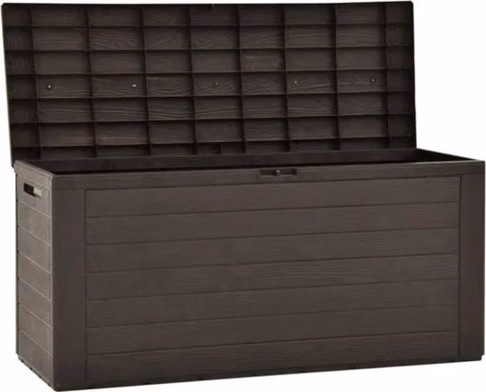 Cassa di stoccaggio per giardino XL marrone con coperchio imbottito e serratura, capacità 280L