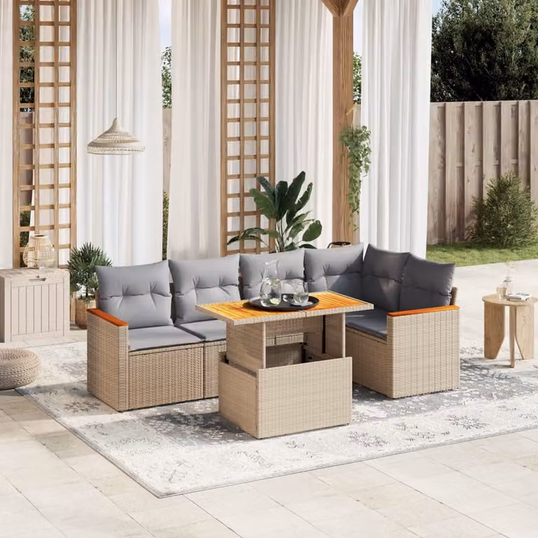 vidaXL Set Divano da Giardino a L 6 pz in Polyrattan con Cuscini Beige e Tavolino da Esterno