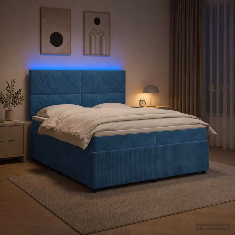 Letto a molle insacchettate con box e materasso, colore blu, rivestito in velluto, dimensioni 200 x 200 cm