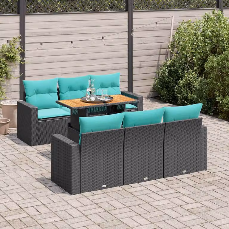 Set Divano da Giardino a L vidaXL con 7 Pezzi, Polyrattan e Cuscini Inclusi, Colore Nero