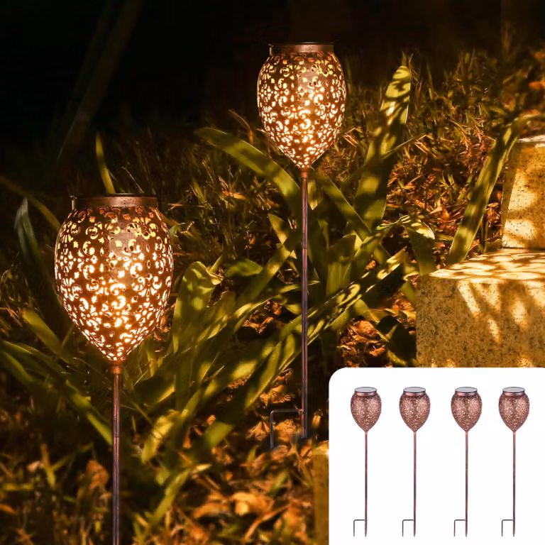 4 lampade solari per esterni, grado di protezione IP65, colore rame, forma ovale, 15 lumen, luce bianco caldo