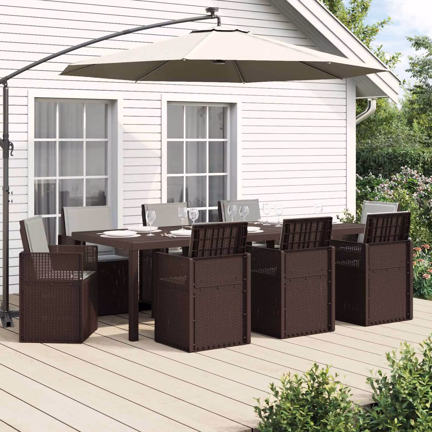 Set da pranzo per giardino e terrazzo vidaXL in plastica da 9 pezzi, marrone e grigio chiaro
