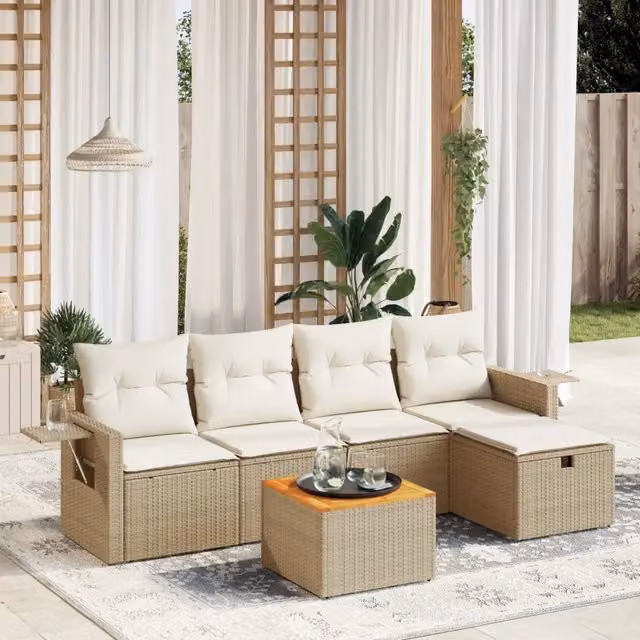 Set Divano da Giardino a L vidaXL in Polyrattan con Cuscini Beige e Tavolino, 6 Pezzi