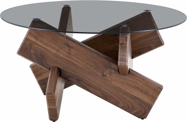 Tavolo rotondo moderno REDOM con piano in vetro temperato e base marrone, Ø 79 cm, H 45 cm