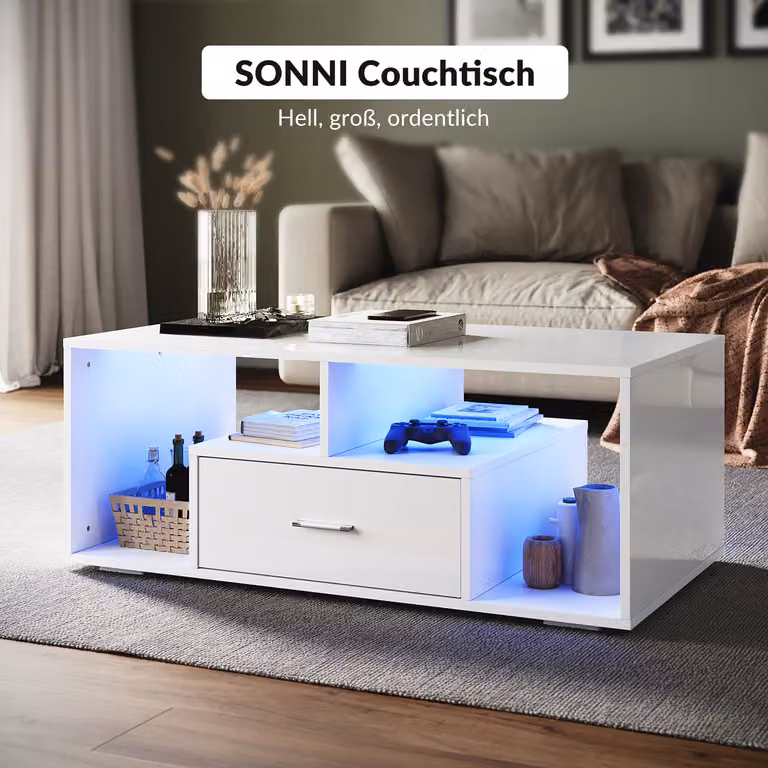 Tavolino SONNI bianco lucido 100x55x40cm con cassetti e LED RGB Tavolini in legno