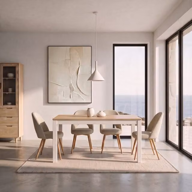 Tavolo da pranzo allungabile Banak in legno di acacia bianco e beige stile scandinavo