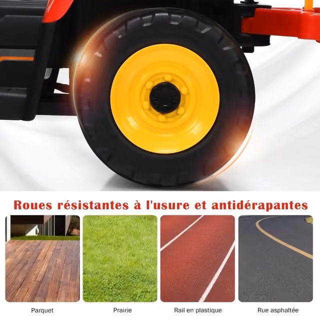 Trattore elettrico per bambini 12V con rimorchio rimovibile, telecomando 2.4G e 3 velocità, colore rosso