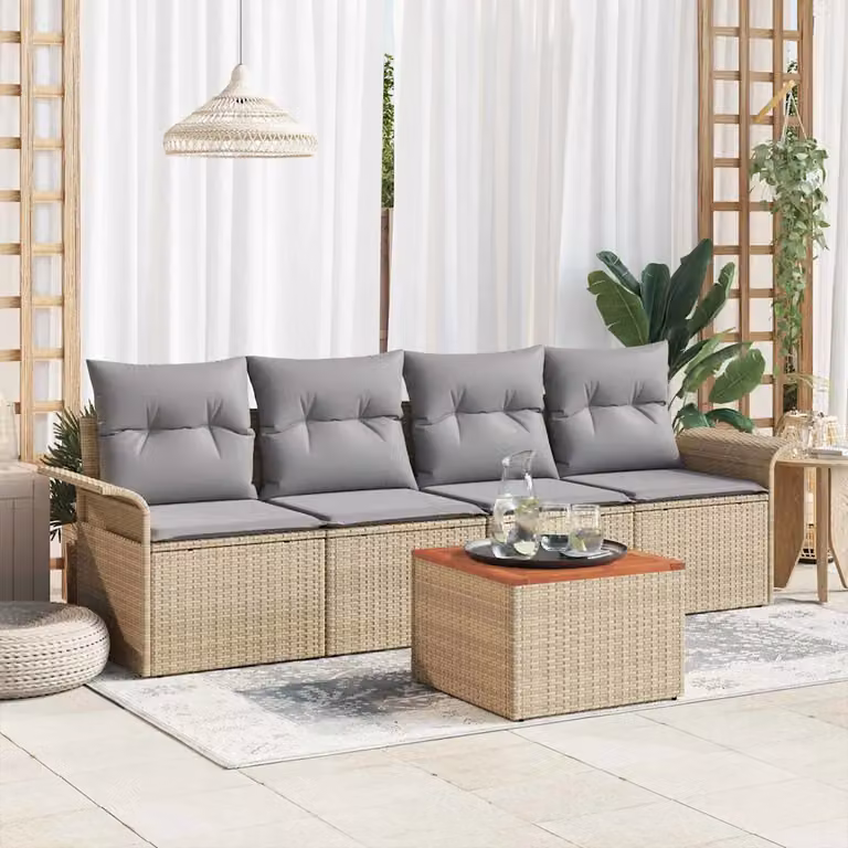 Set Divano da Giardino vidaXL 5 Pezzi con Tavolino, Beige e Grigio, Struttura in Acciaio e Cuscini Inclusi