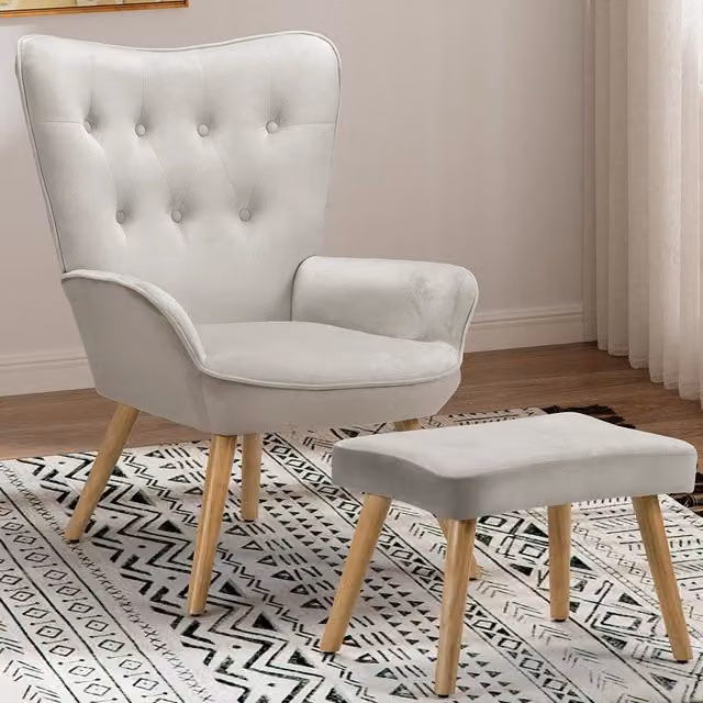 Poltrona Relax con Sgabello Bakaji in Velluto Grigio con Struttura in Metallo e Legno per Soggiorno