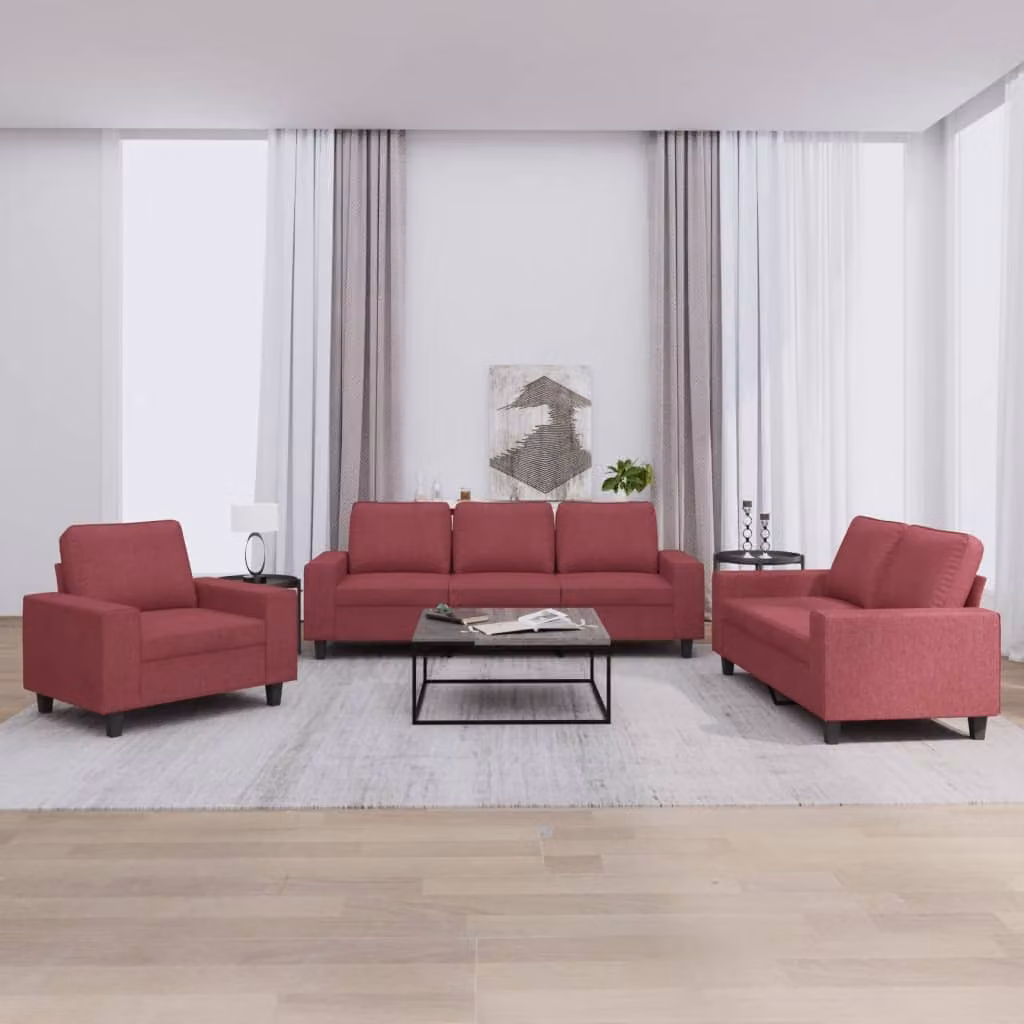 Set di divani vidaXL da 3 pezzi in tessuto rosso per soggiorno con braccioli e cuscini inclusi