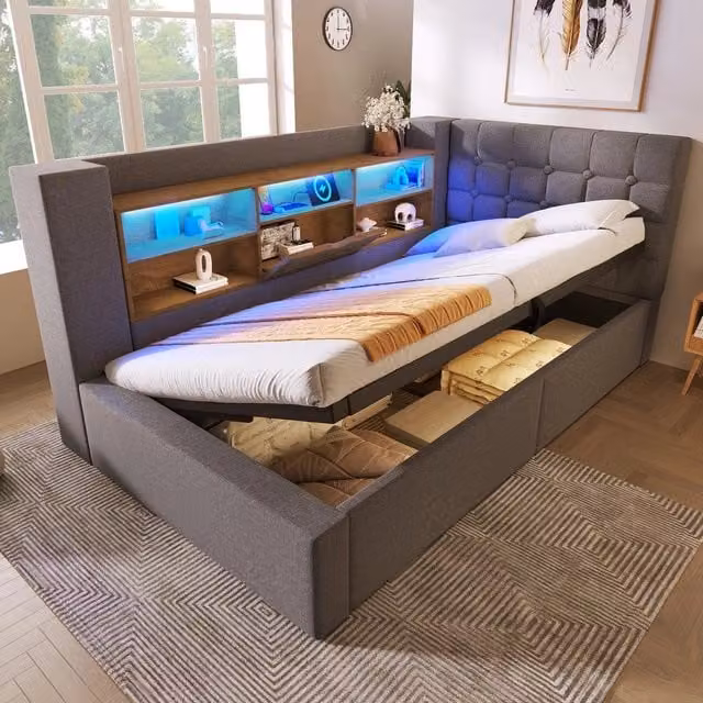 Letto Imbottito Singolo ¨C MINIMAL ¨C con LED, Contenitore Idraulico, Testiera, Rete a Doghe, Tessuto Grigio, 90x190