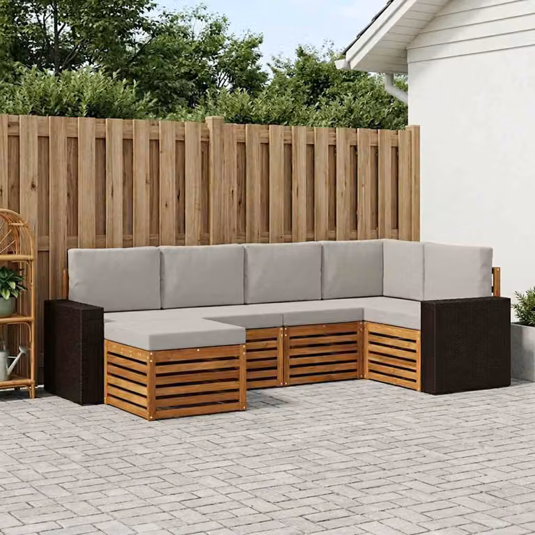 Set di divani da esterno vidaXL 6 pz in legno di acacia con cuscini, forma a L con pouf, colore beige e grigio chiaro