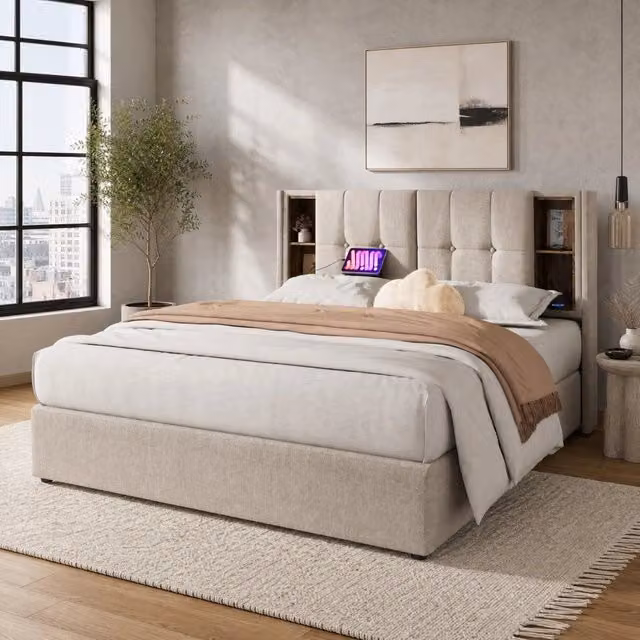 Letto matrimoniale Mivray con contenitore e ricarica USB, rivestito in tessuto beige, L/P/H: 140 x 200 x 145 cm