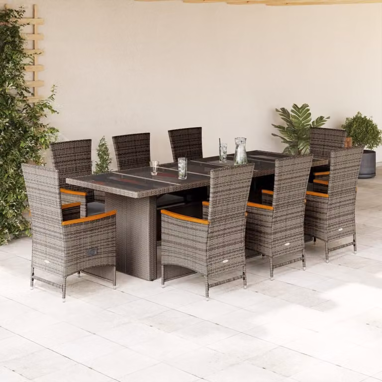 vidaXL Set da Pranzo da Giardino 9 pz in Polyrattan e Legno di Acacia con Piano in Vetro Grigio