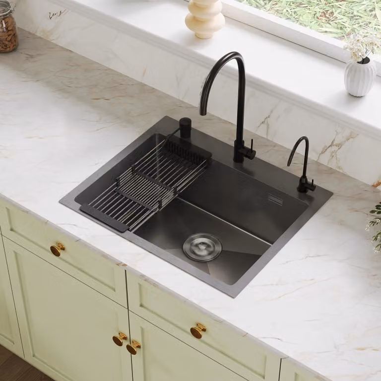 Lavello da cucina - Vasca singola - 55 x 45 x 20 cm - Acciaio inossidabile 304 - Rivestimento nanotecnologico - Con miscelatore - Scarico a tappo a scomparsa - Cesto scolapiatti estraibile