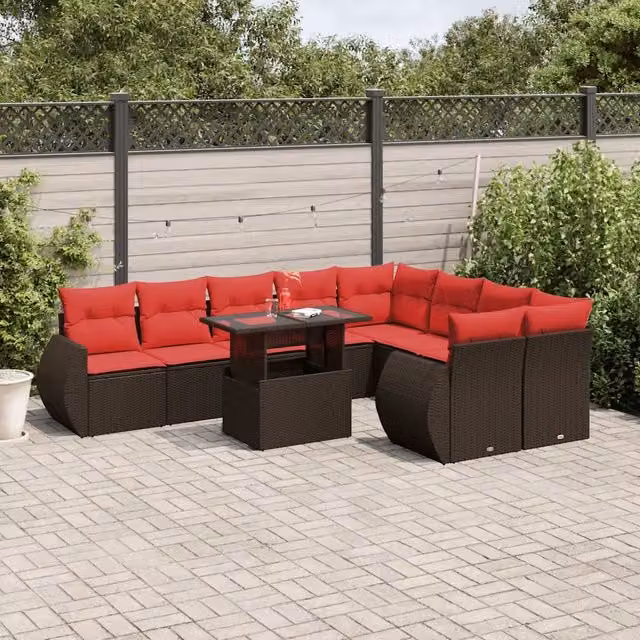 Set Divani da Giardino 10 pz con Cuscini Marrone in Polyrattan 3268764