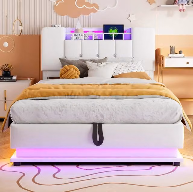Letto imbottito ULEVR 90x200 cm per cameretta con LED, USB e contenitore idraulico, rivestimento beige in velluto