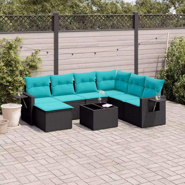 vidaXL Set Divani da Giardino 8 pz in Polyrattan Nero con Cuscini e Tavolino da Esterno