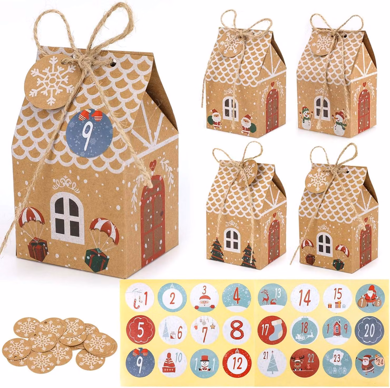 Calendari dell'Avvento a tema natalizio - 24 scatole calendario dell'Avvento con 24 adesivi per calendario dell'Avvento - Etichette regalo a forma di fiocchi di neve - Spago