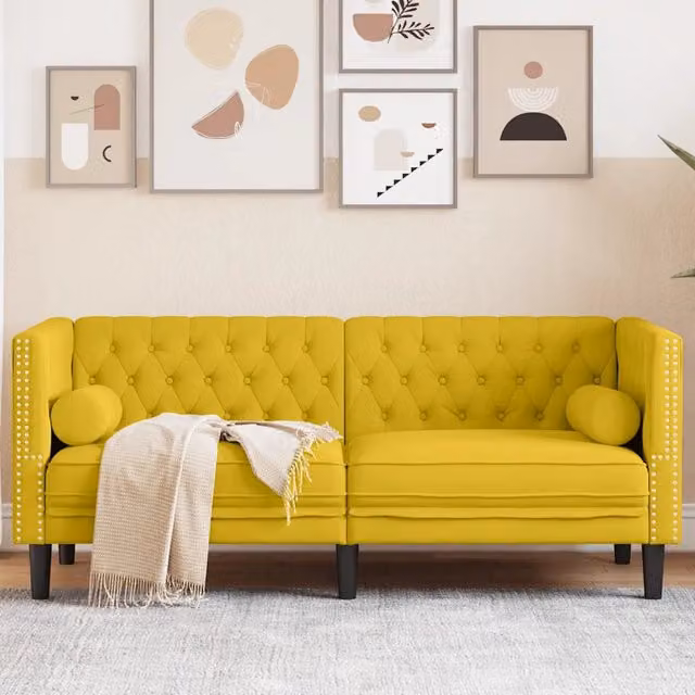 Divano Chesterfield con Rinforzi 2 Posti-Sofa 2 Posti-Divanetto Giallo in Velluto