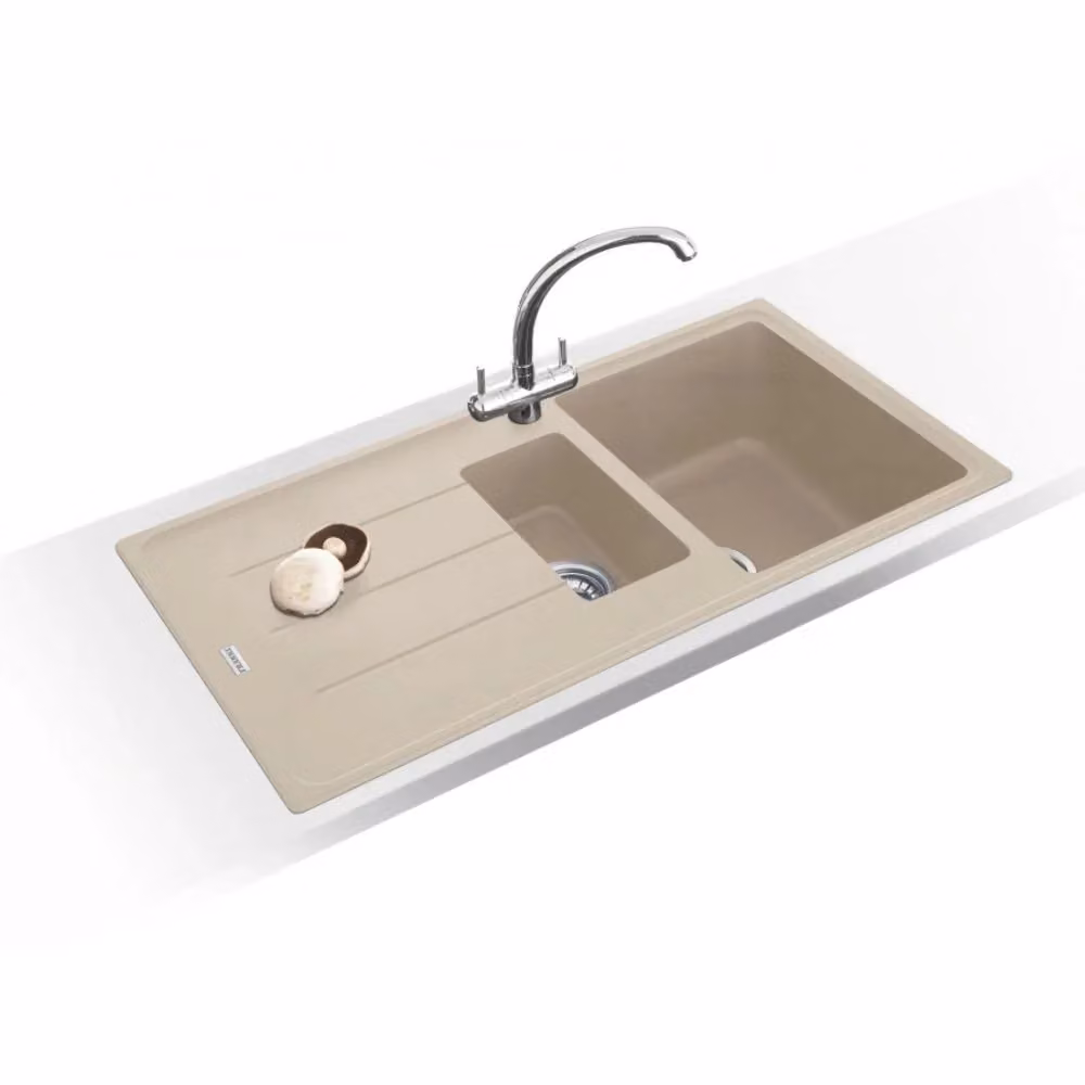 Lavello Franke Boston 1 vasca e mezza con gocciolatoio reversibile in fragranite colore sabbia L 97 cm x P 50 cm – 2