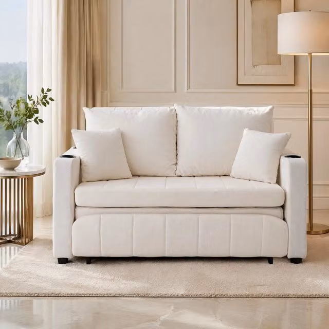Divano letto multifunzione in ciniglia beige; convertibile; 139x83x58 cm