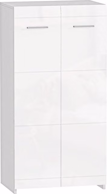 Scarpiera bianca lucida con ante a battente e ripiani interni per ingresso, camera da letto o ufficio, L: 55 cm, P: 36 cm, H: 108 cm