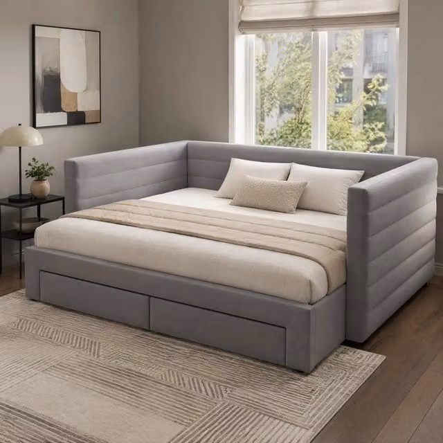 Desviae Letto estraibile imbottito 3 in 1 con cassetti rete a doghe in cotone e lino grigio trasformabile in letto doppio
