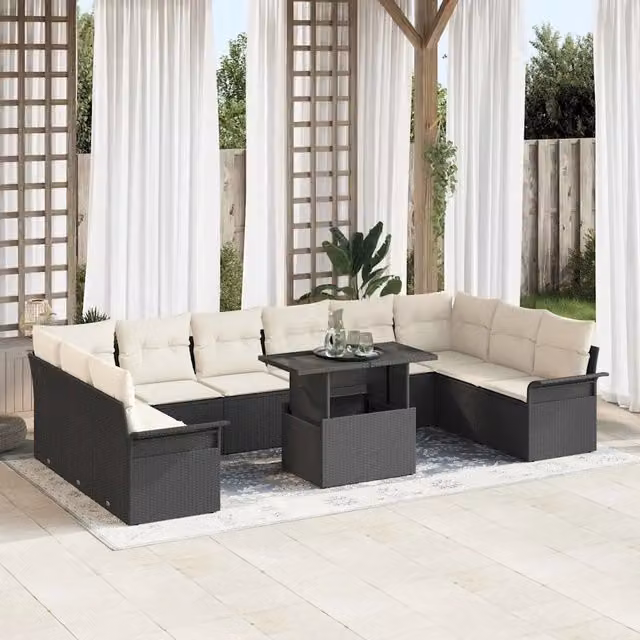 Set Divano da Giardino vidaXL 11 Pezzi a Forma di U in Rattan Nero con Cuscini e Tavolino da Esterno – 1