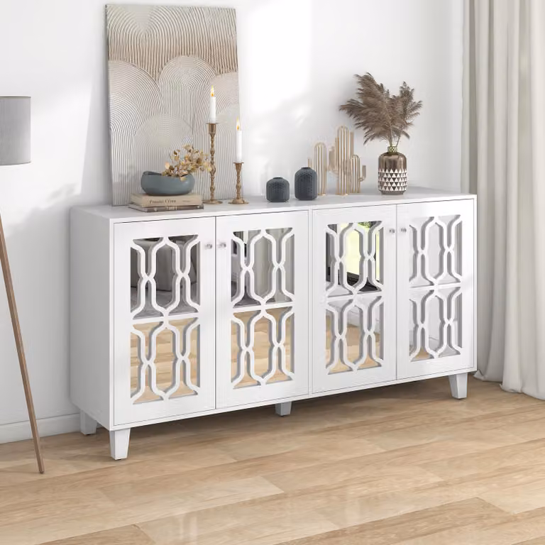 Credenza STILVORA con eleganti maniglie in cristallo, cassettiera con quattro ante in laminato mobile, per soggiorno e sala da pranzo