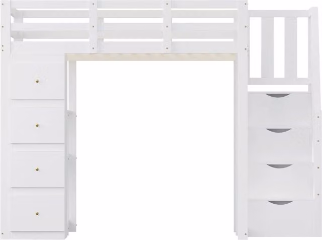 Letto a soppalco in legno massiccio 140x200 cm con cassetti contenitori, scala di sicurezza e scaffali, colore bianco