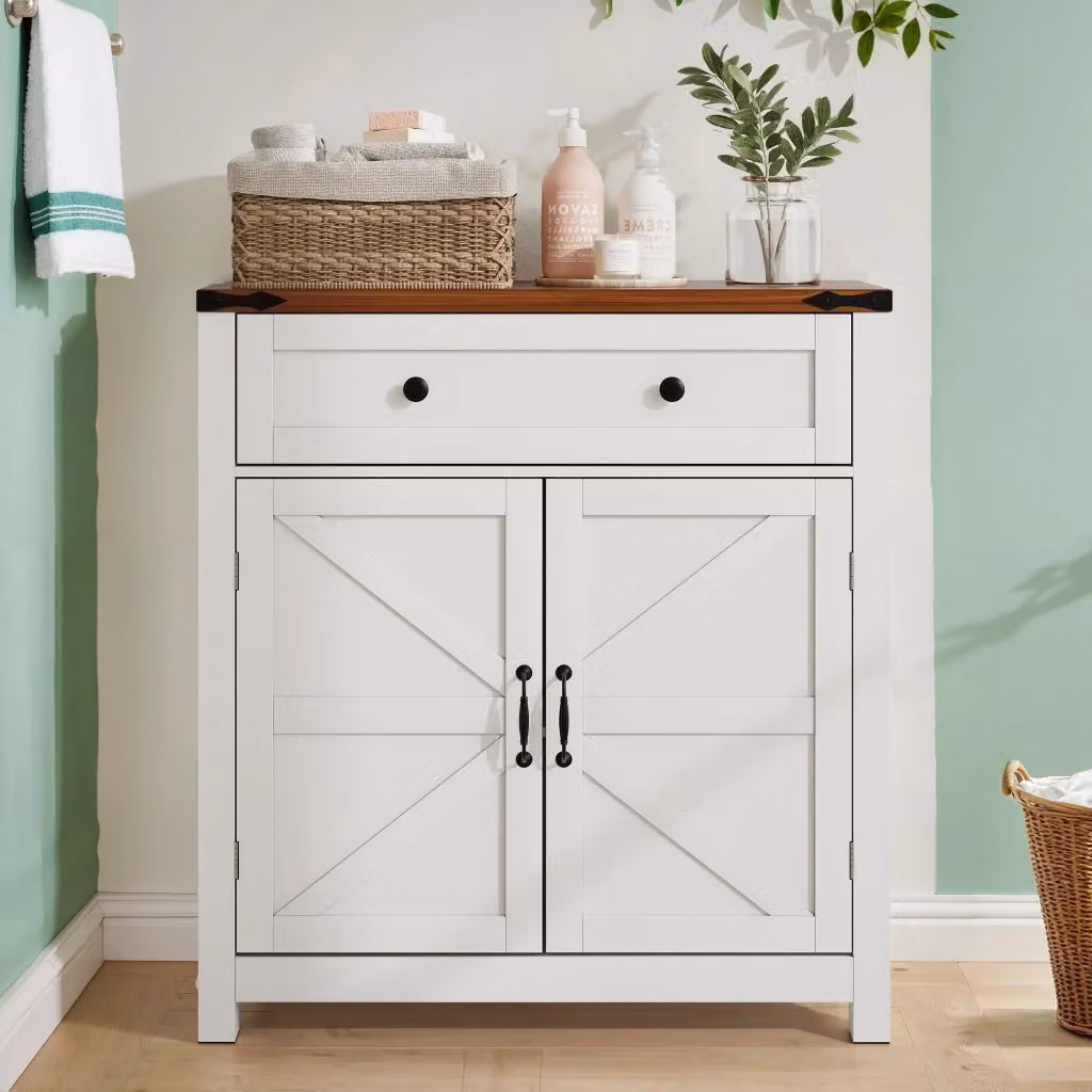 Credenza OKWISH in MDF bianca con 1 cassetto, 2 ante e ripiano regolabile per cucina, soggiorno o ingresso, L: 76 cm, P: 30 cm, H: 83 cm – 2