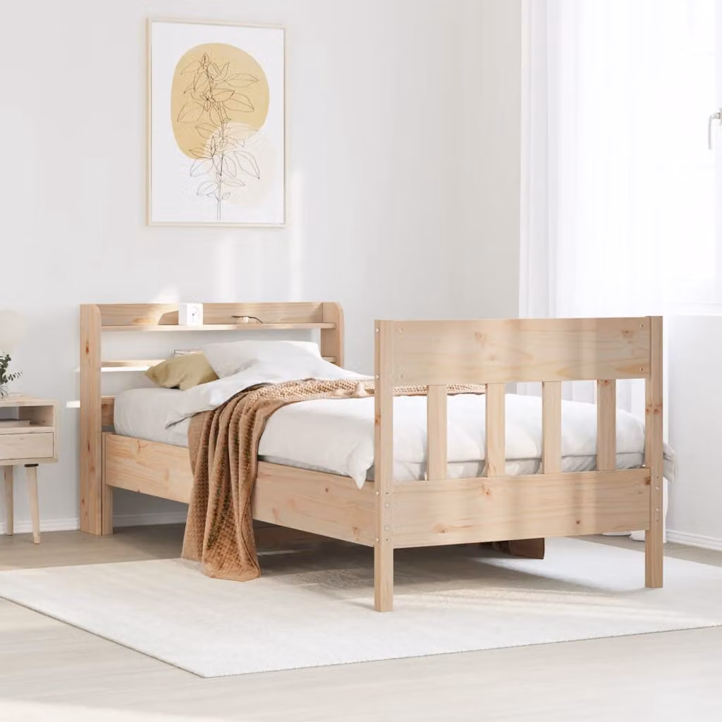 Letto in legno massello di pino vidaXL con ripiani laterali e doghe rigide, colore marrone, stile rustico